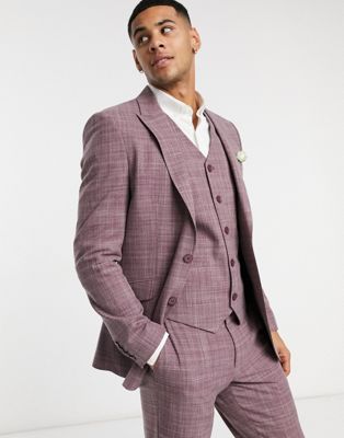 ASOS DESIGN wedding skinny suit jacket in burgundy crosshatch | ASOS