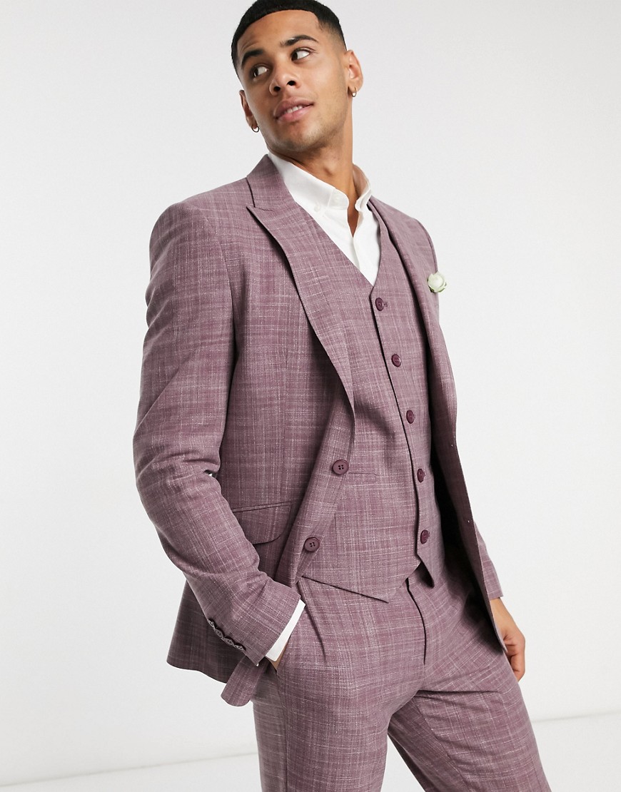 ASOS DESIGN wedding skinny suit jacket in burgundy crosshatch-Red