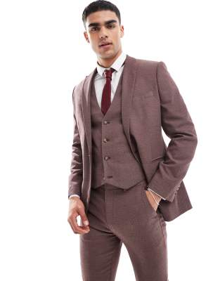 Asos Design Wedding Skinny Suit Jacket In Burgundy Microtexture-red