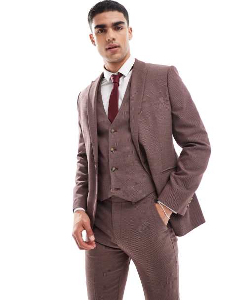 ASOS DESIGN wedding skinny suit jacket in burgundy microtexture - view 1