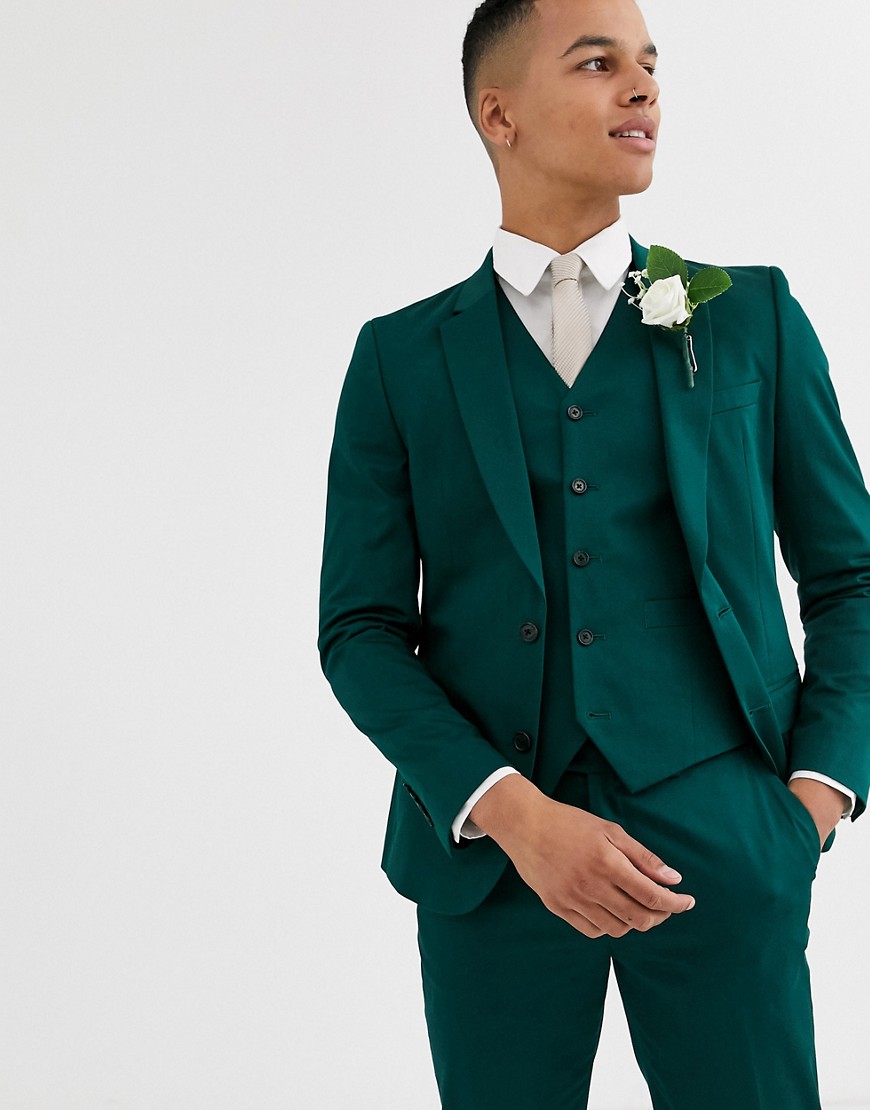 ASOS DESIGN wedding skinny suit jacket in cotton in forest green