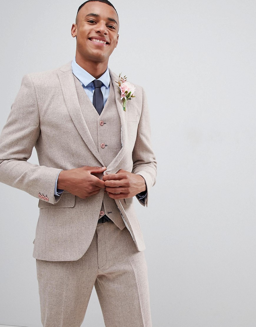 ASOS DESIGN wedding skinny suit jacket in dusky pink herringbone