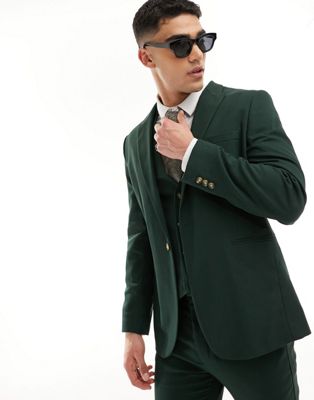Shop Asos Design Wedding Skinny Suit Jacket In Forest Green Micro Texture