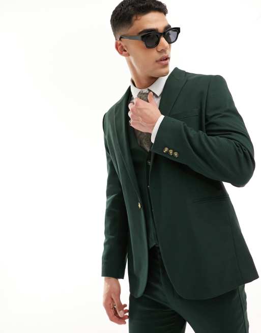 ASOS DESIGN wedding skinny suit jacket in forest green micro texture