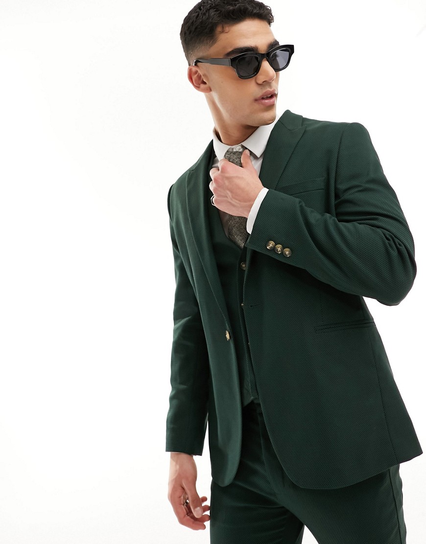 ASOS DESIGN wedding skinny suit jacket in forest green microtexture