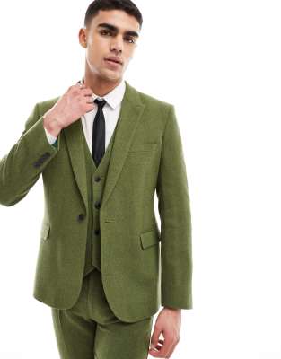 ASOS DESIGN wedding skinny suit jacket in khaki herringbone-Green