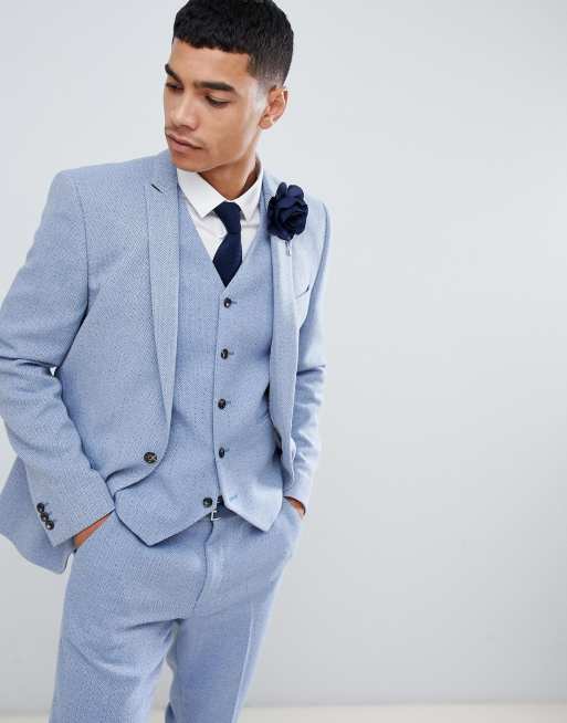 ASOS DESIGN wedding skinny suit jacket in light blue herringbone