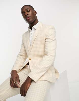 Asos Design Wedding Skinny Suit Jacket In Linen Mix In Gingham In Camel-neutral