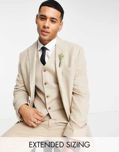 ASOS DESIGN wedding skinny suit jacket in linen mix in micro texture in beige - view 1