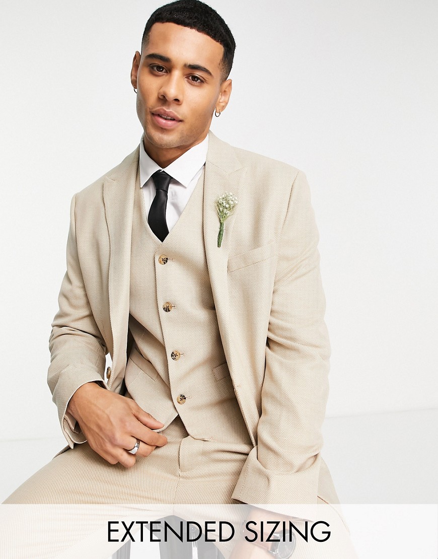 ASOS DESIGN wedding skinny suit jacket in linen mix in micro texture in beige-Neutral