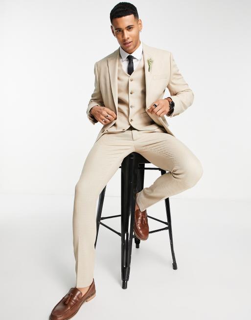 ASOS DESIGN wedding skinny suit jacket in linen mix in micro texture in beige