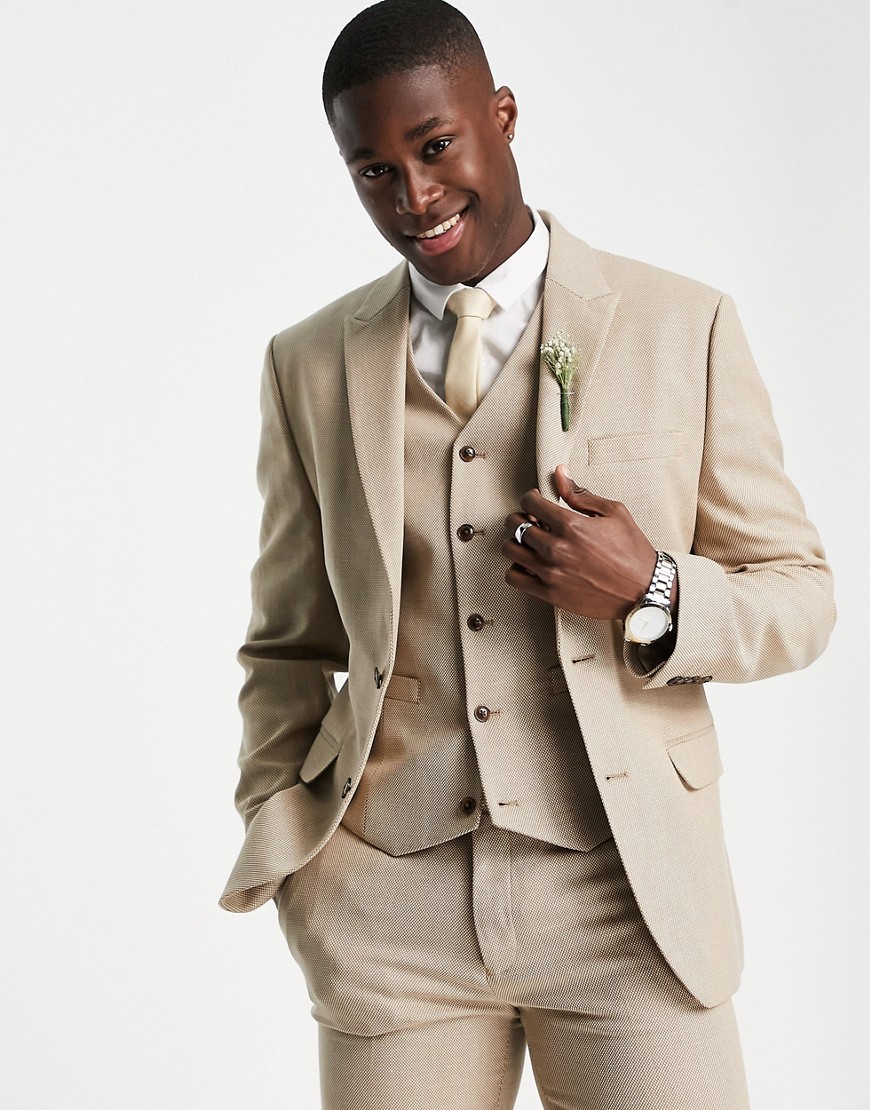 ASOS DESIGN wedding skinny suit jacket in linen mix in micro texture in brown