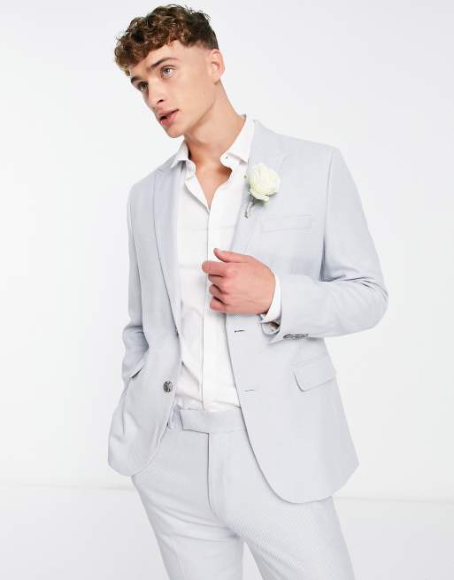 ASOS DESIGN Wedding skinny suit jacket in linen mix in micro texture in pastel blue