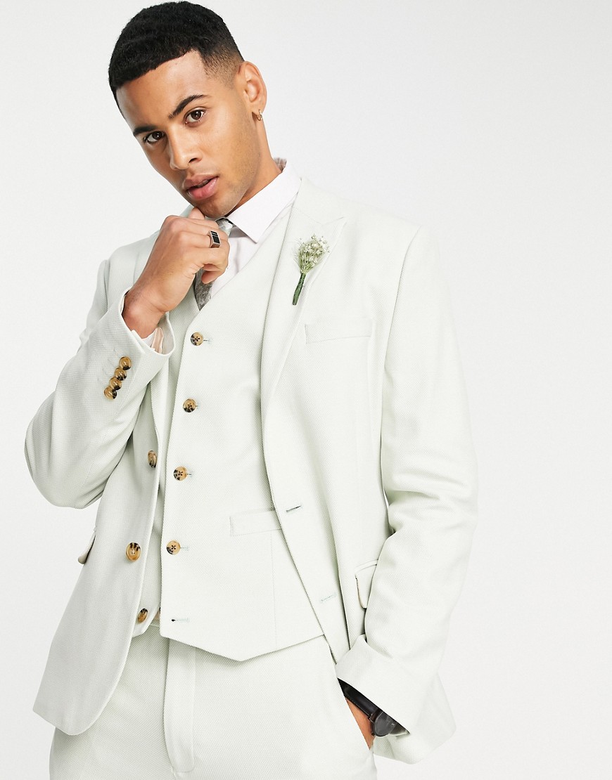 ASOS DESIGN wedding skinny suit jacket in linen mix in micro texture in pastel green