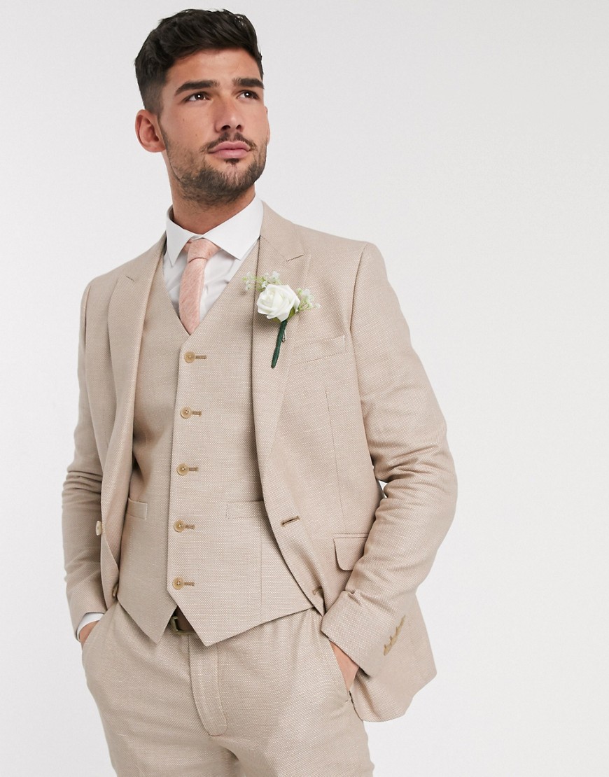 ASOS DESIGN wedding skinny suit jacket in micro texture in camel-Neutral
