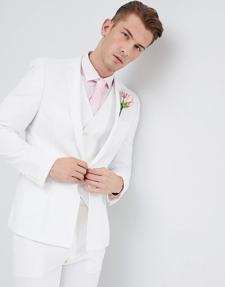 ASOS DESIGN Wedding skinny suit jacket in off white cross hatch with printed lining