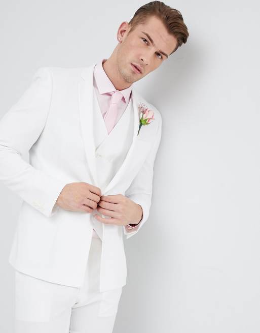 ASOS DESIGN Wedding skinny suit jacket in off white cross hatch with  printed lining