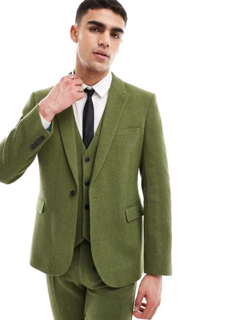 ASOS DESIGN Wedding skinny suit jacket in olive herringbone