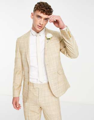 ASOS DESIGN WEDDING SKINNY SUIT JACKET IN STONE CROSSHATCH-NEUTRAL