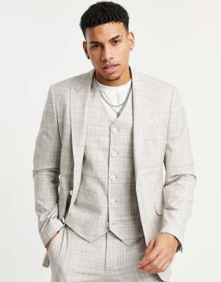 ASOS DESIGN wedding skinny suit jacket in stone crosshatch-Neutral