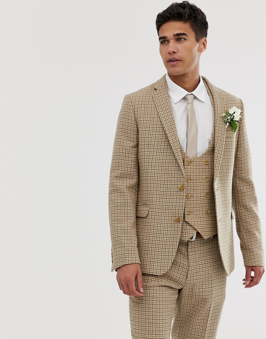 ASOS DESIGN wedding skinny suit jacket in stone micro check
