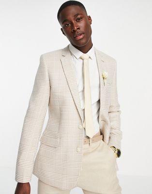 ASOS DESIGN wedding skinny suit jacket in stone prince of wales check