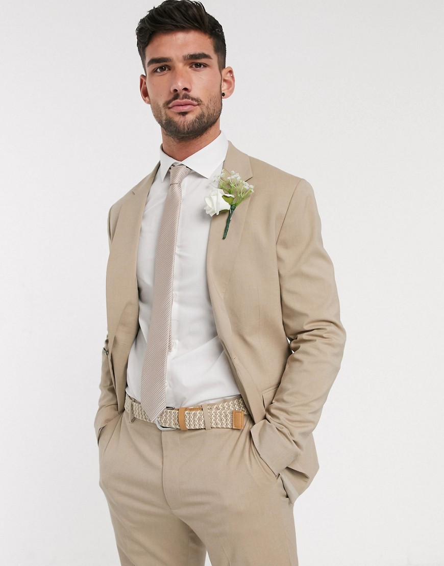 ASOS DESIGN wedding skinny suit jacket in stone-Neutral