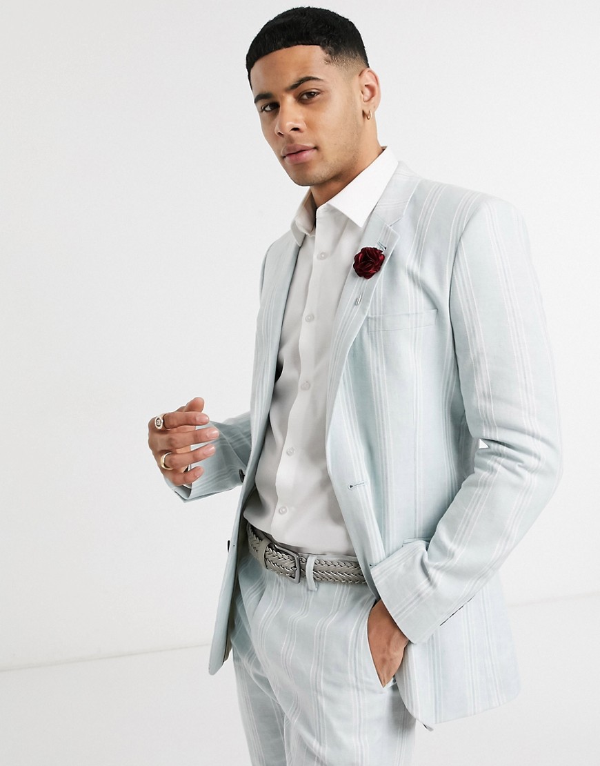 ASOS DESIGN wedding skinny suit jacket in stretch cotton linen in blue and white stripe