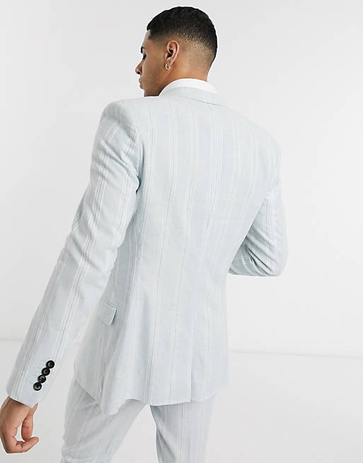  wedding skinny suit jacket in stretch cotton linen in blue and white stripe 