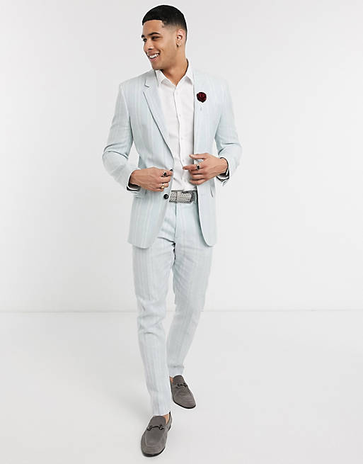  wedding skinny suit jacket in stretch cotton linen in blue and white stripe 