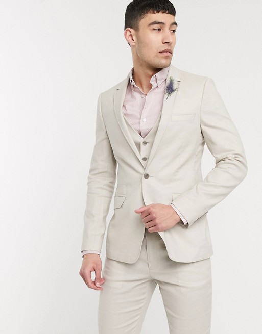 ASOS DESIGN wedding skinny suit jacket in stretch cotton linen in stone