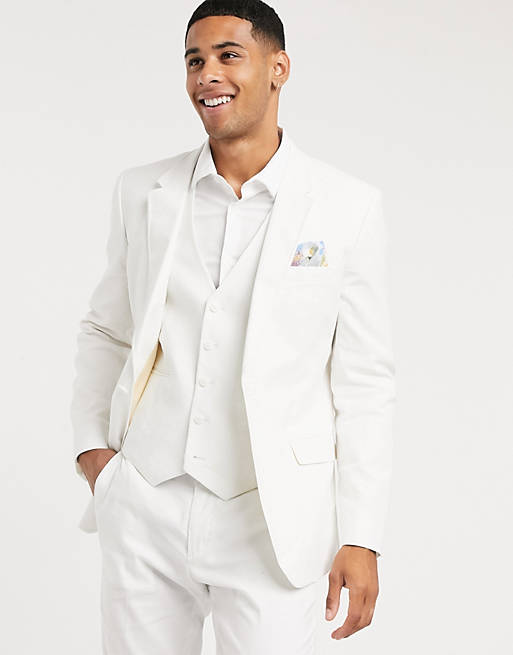 Suits wedding skinny suit jacket in stretch cotton linen in white 