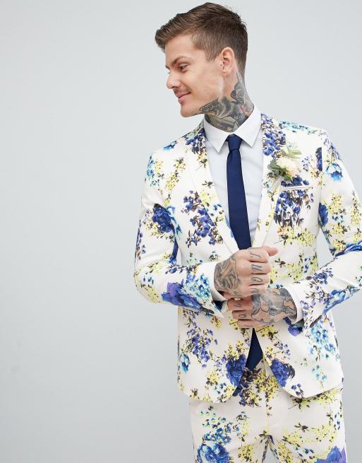 ASOS DESIGN Wedding Skinny Suit Jacket In White Cotton Floral Print | ASOS