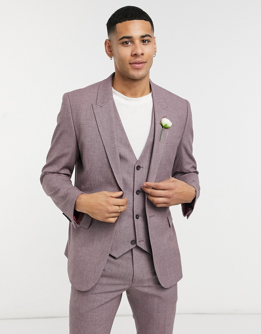 ASOS DESIGN wedding skinny suit jacket in wine crosshatch-Purple