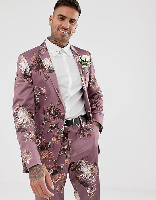 ASOS DESIGN wedding skinny suit jacket with pink floral print | ASOS