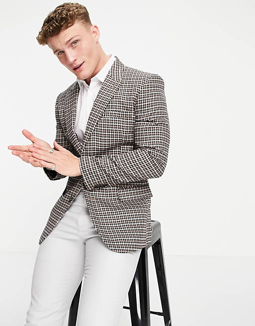 ASOS DESIGN wedding skinny suit jacket with puppytooth in camel