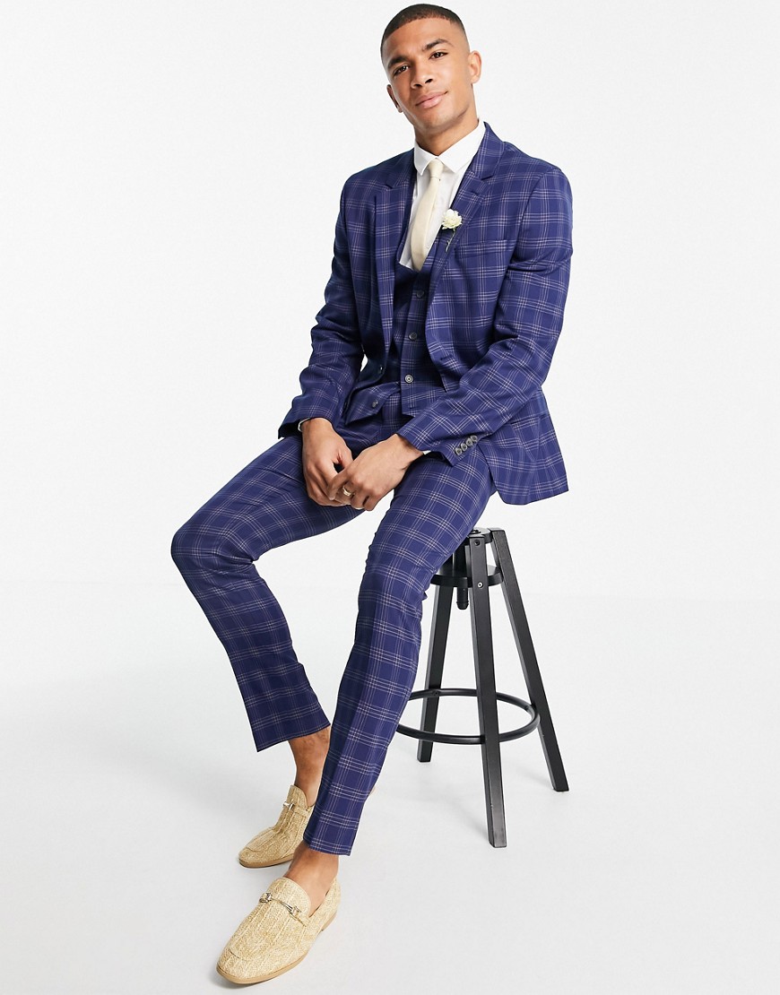 ASOS DESIGN wedding skinny suit pants in blue and gray bold check-Blues