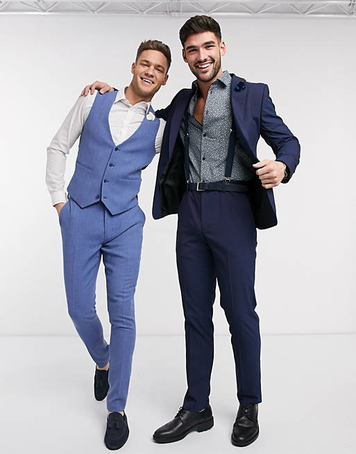 Mens Skinny Fit Slim 1 Button Tonic Blue Suit Blazer Trouser Prom Wedding Party 