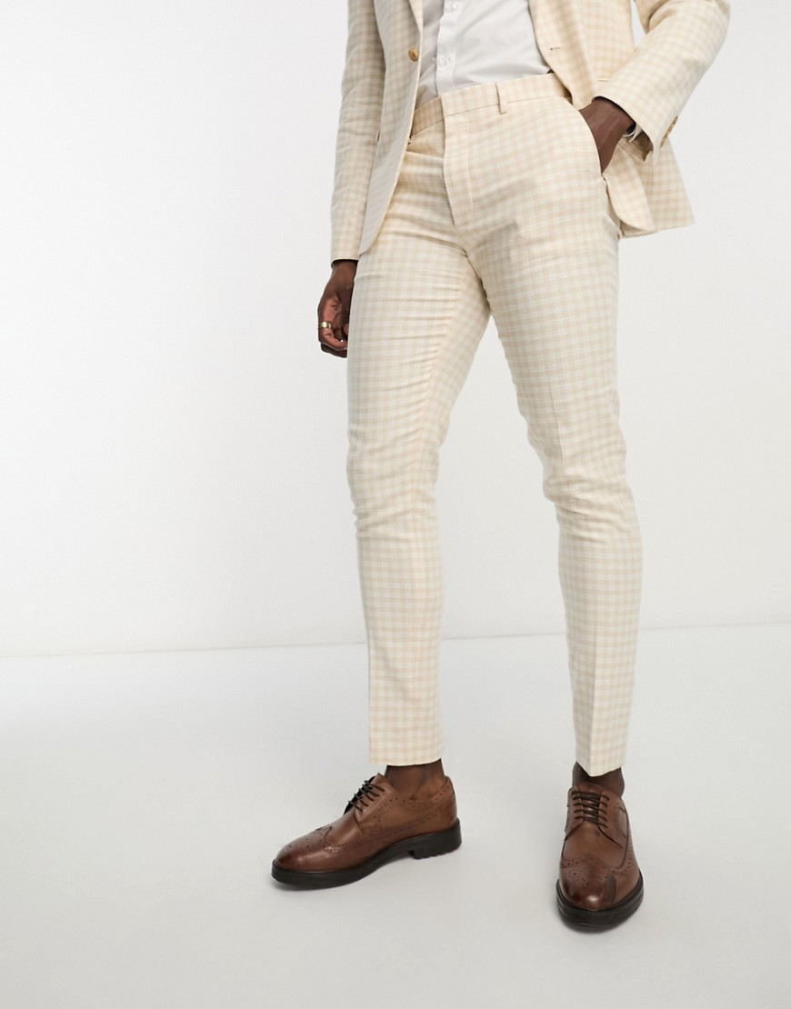 Asos Design Wedding Skinny Suit Pants In Linen Mix In Gingham In Camel-neutral