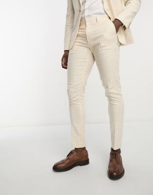 ASOS DESIGN wedding skinny suit pants in linen mix in gingham in camel