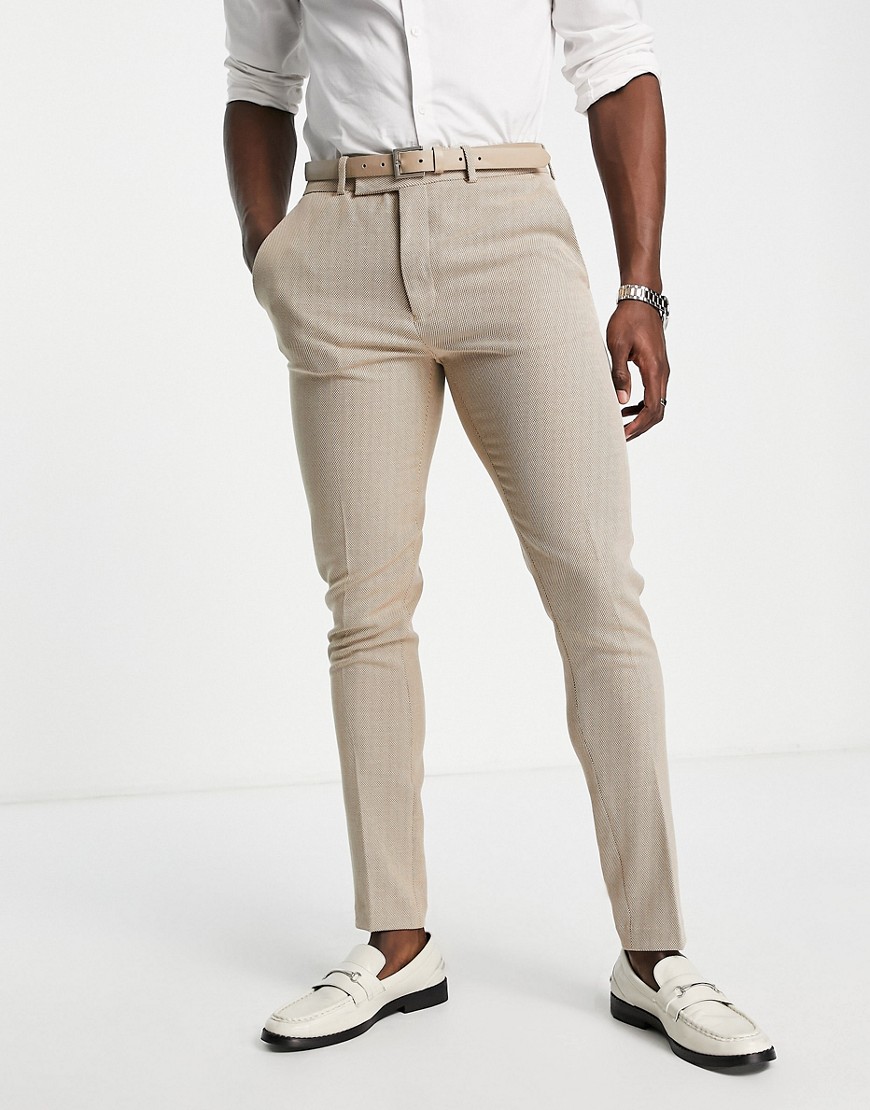 Asos Design Wedding Skinny Suit Pants In Linen Mix In Micro Texture In Beige-brown