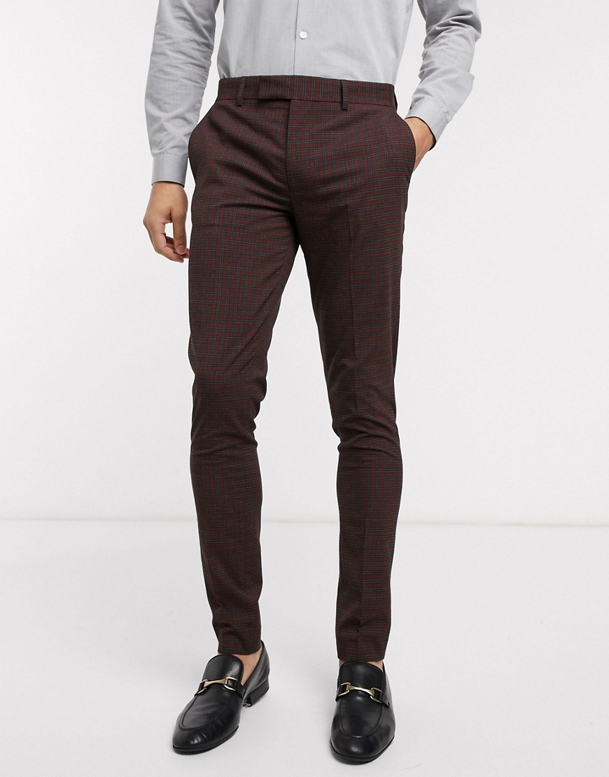 Asos Design Wedding Skinny Suit Pants In Mini Check In Burgundy And Gray-red