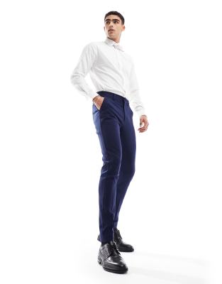 Shop Asos Design Wedding Skinny Suit Pants In Navy Microtexture