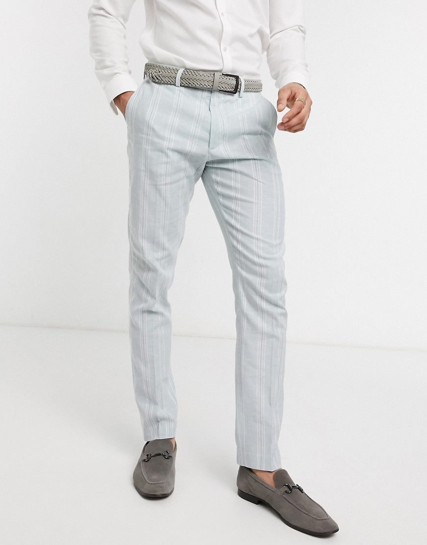 ASOS DESIGN wedding skinny suit pants in stretch cotton linen in blue and white stripe