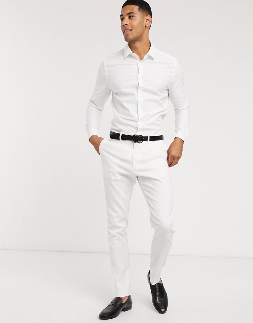 ASOS DESIGN wedding skinny suit pants in stretch cotton linen in white