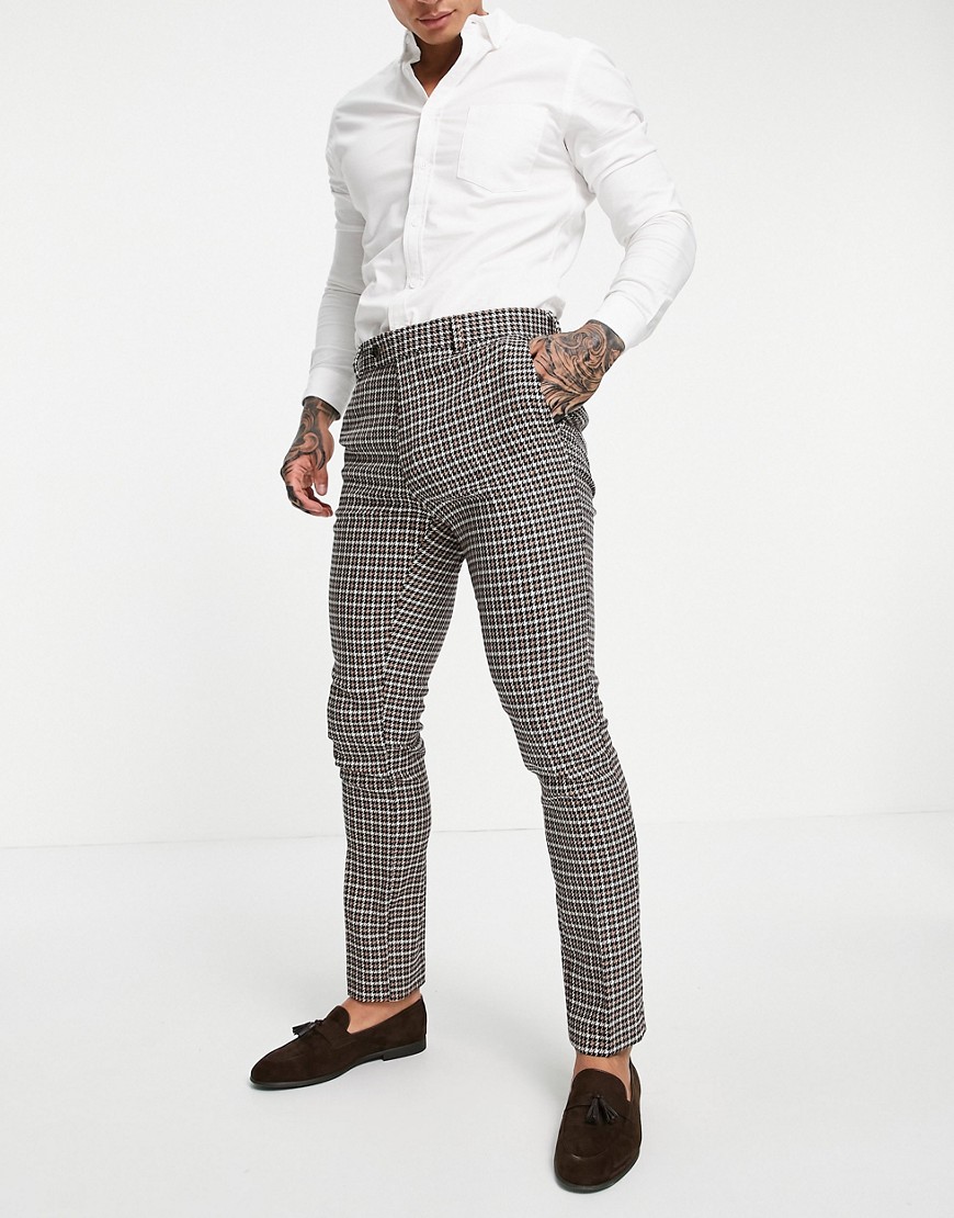 ASOS DESIGN wedding skinny suit pants with houndstooth in camel-Neutral
