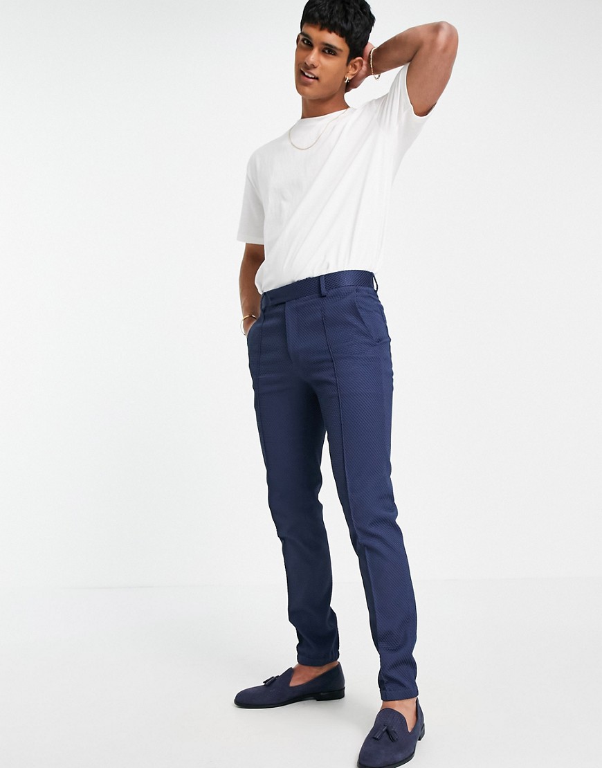 ASOS DESIGN wedding skinny suit pants with sweatpants cuff in navy texture