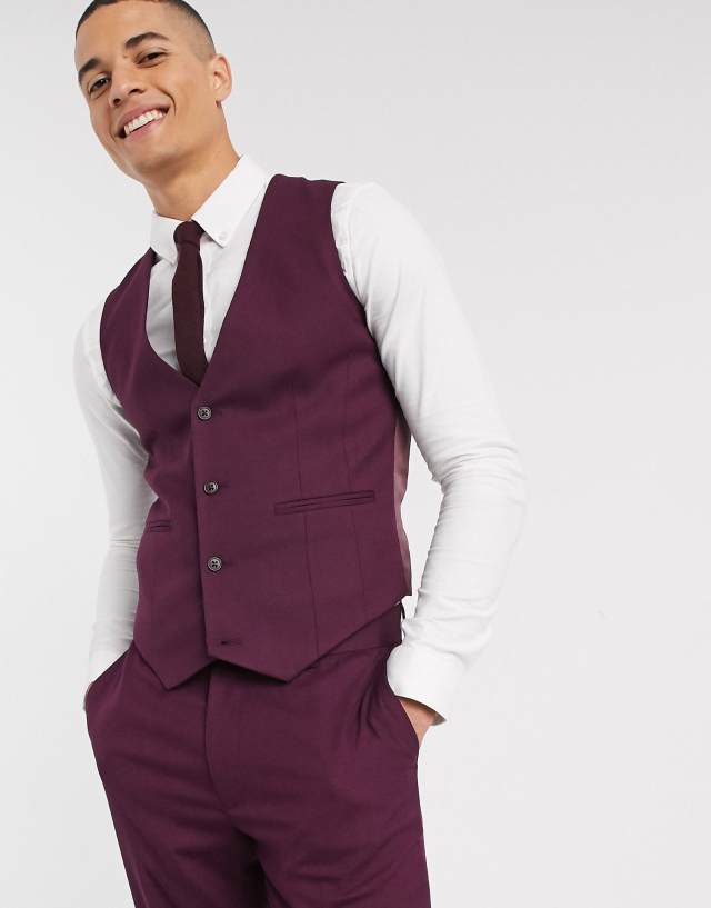 ASOS DESIGN wedding skinny suit suit vest in burgundy