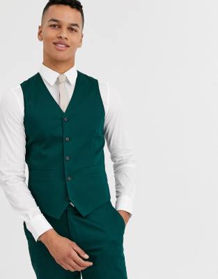 Asos Design Wedding Skinny Suit Suit Vest In Wool Mix Herringbone In Forest Green In Green