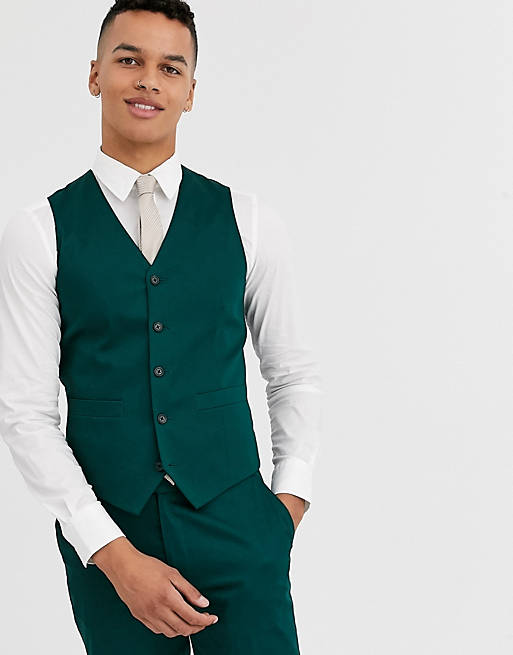ASOS DESIGN wedding skinny suit suit vest in cotton in forest green
